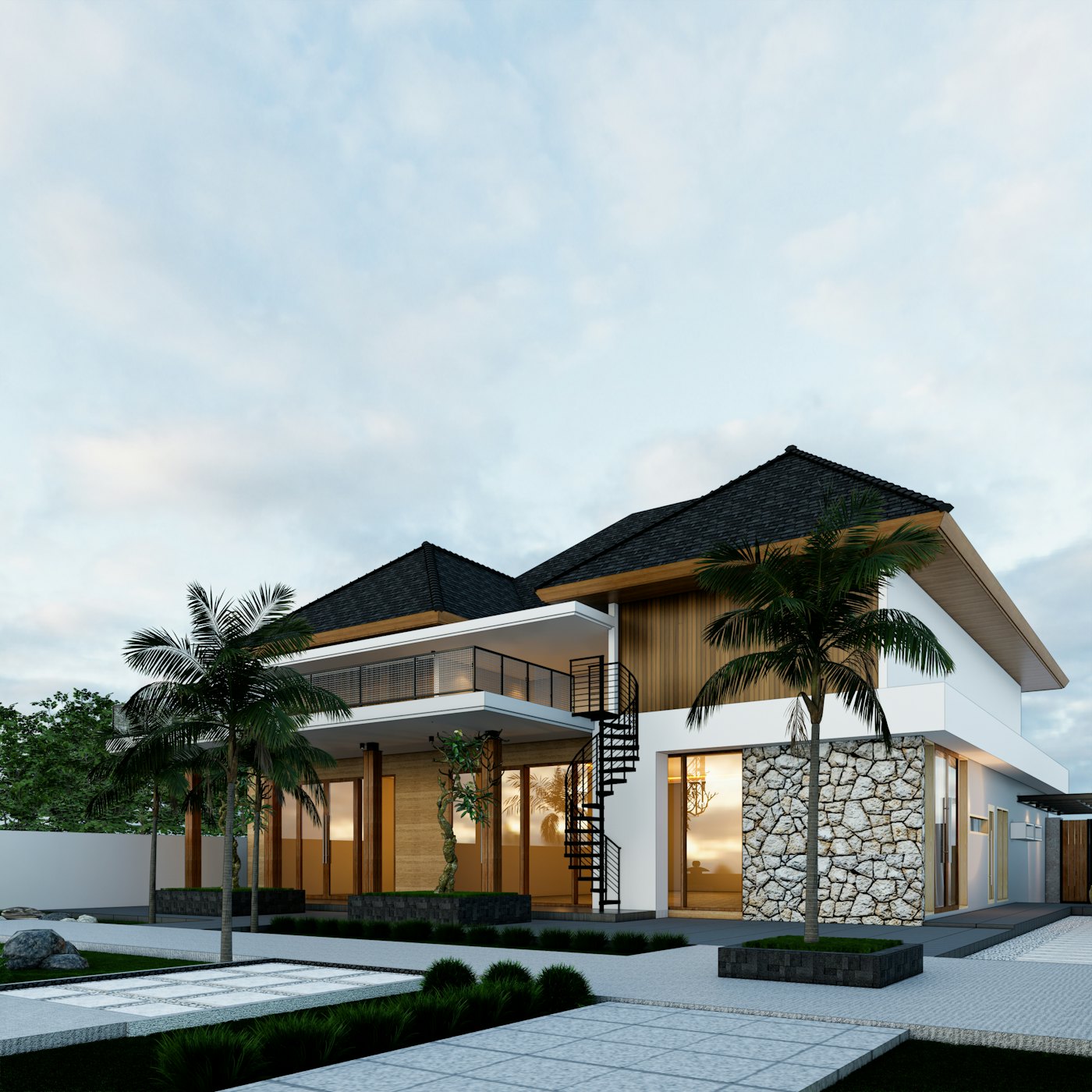 Contemporary home with large windows framed by palm trees